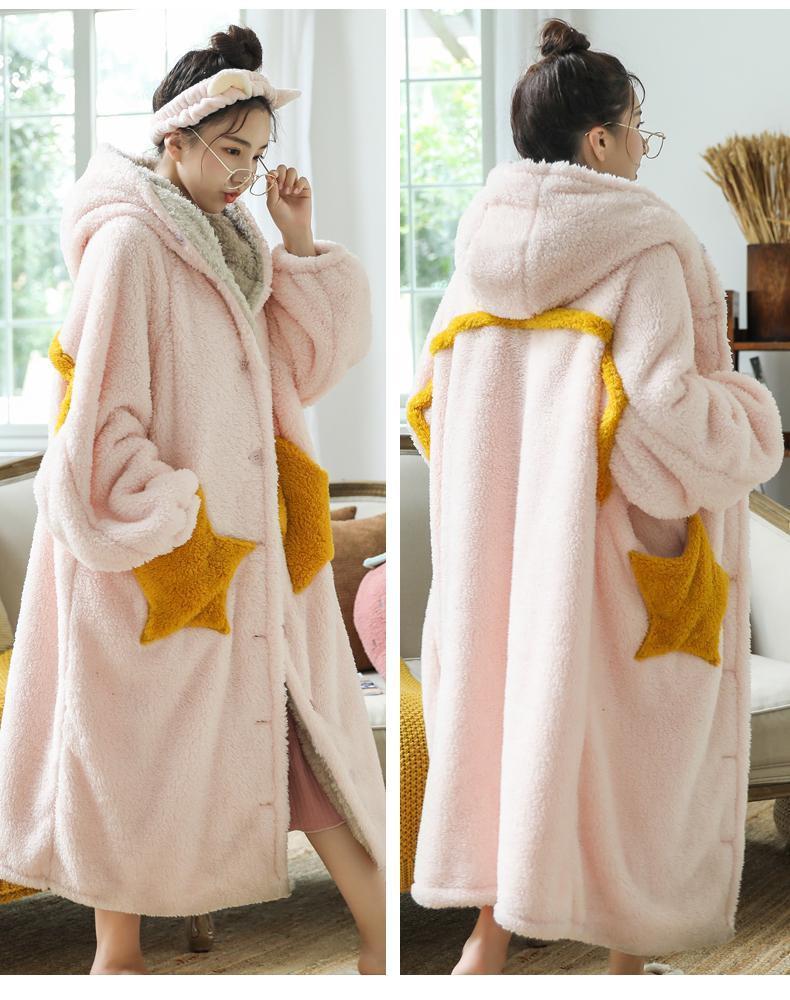 Cartoon Ladies Winter Plush Fleece Warm Ladies Homewear Hooded Pajamas