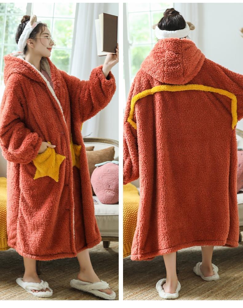 Cartoon Ladies Winter Plush Fleece Warm Ladies Homewear Hooded Pajamas