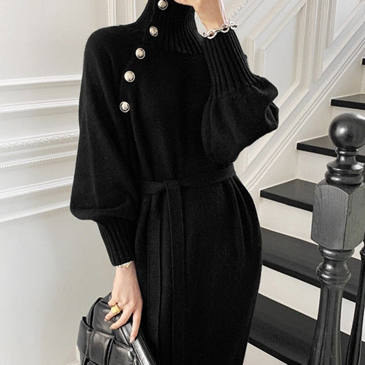 Women's loose and thin turtleneck sweater waist knit dress