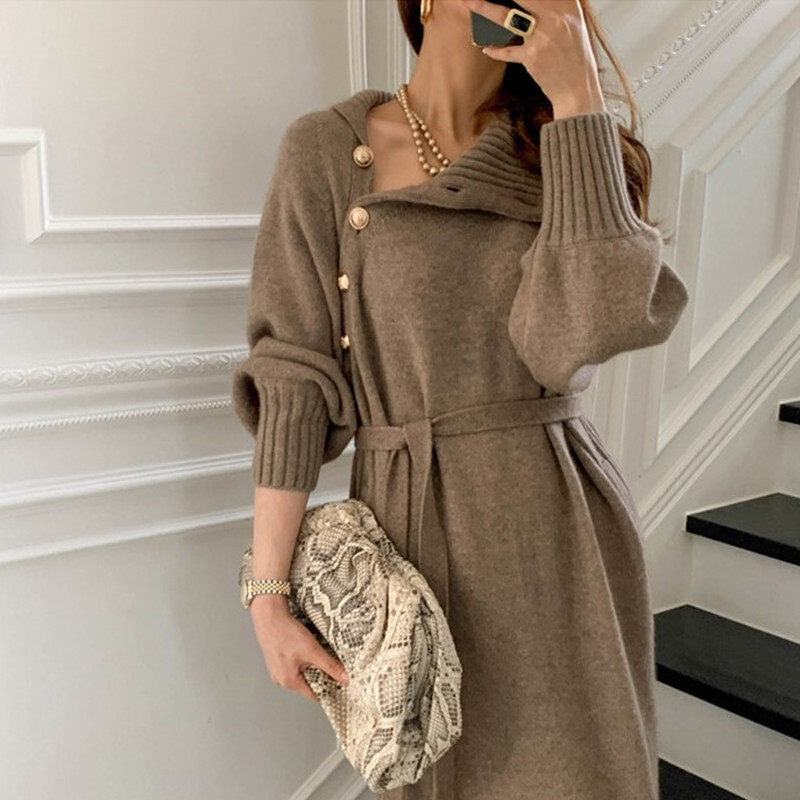 Women's loose and thin turtleneck sweater waist knit dress