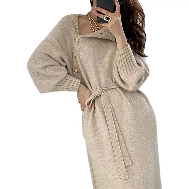 Women's loose and thin turtleneck sweater waist knit dress