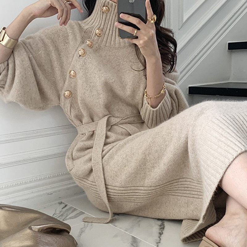 Women's loose and thin turtleneck sweater waist knit dress