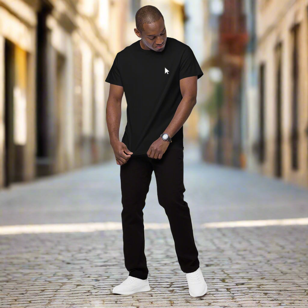 Black t-shirt featuring a small white cursor arrow graphic on the left side of the chest—minimalist, stylish, and perfect for casual wear.