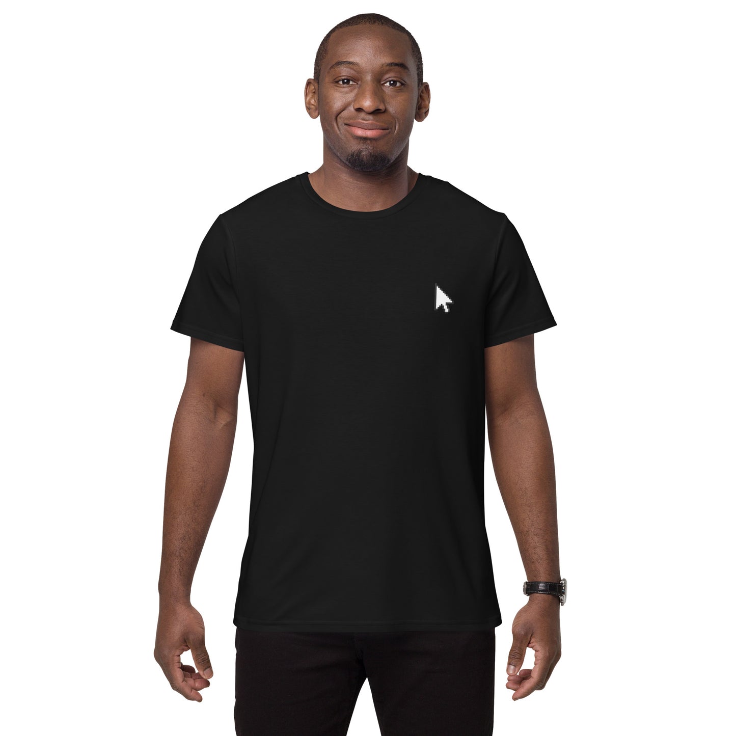 Black t-shirt featuring a small white cursor arrow graphic on the left side of the chest—minimalist, stylish, and perfect for casual wear.