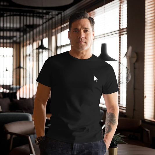 Black t-shirt featuring a small white cursor arrow graphic on the left side of the chest—minimalist, stylish, and perfect for casual wear.