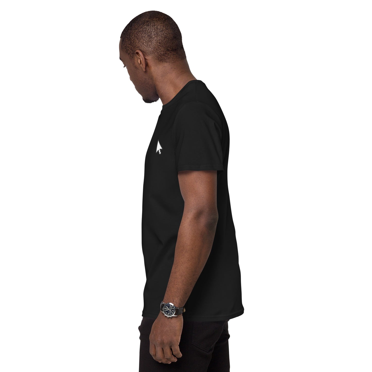 Black t-shirt featuring a small white cursor arrow graphic on the left side of the chest—minimalist, stylish, and perfect for casual wear.