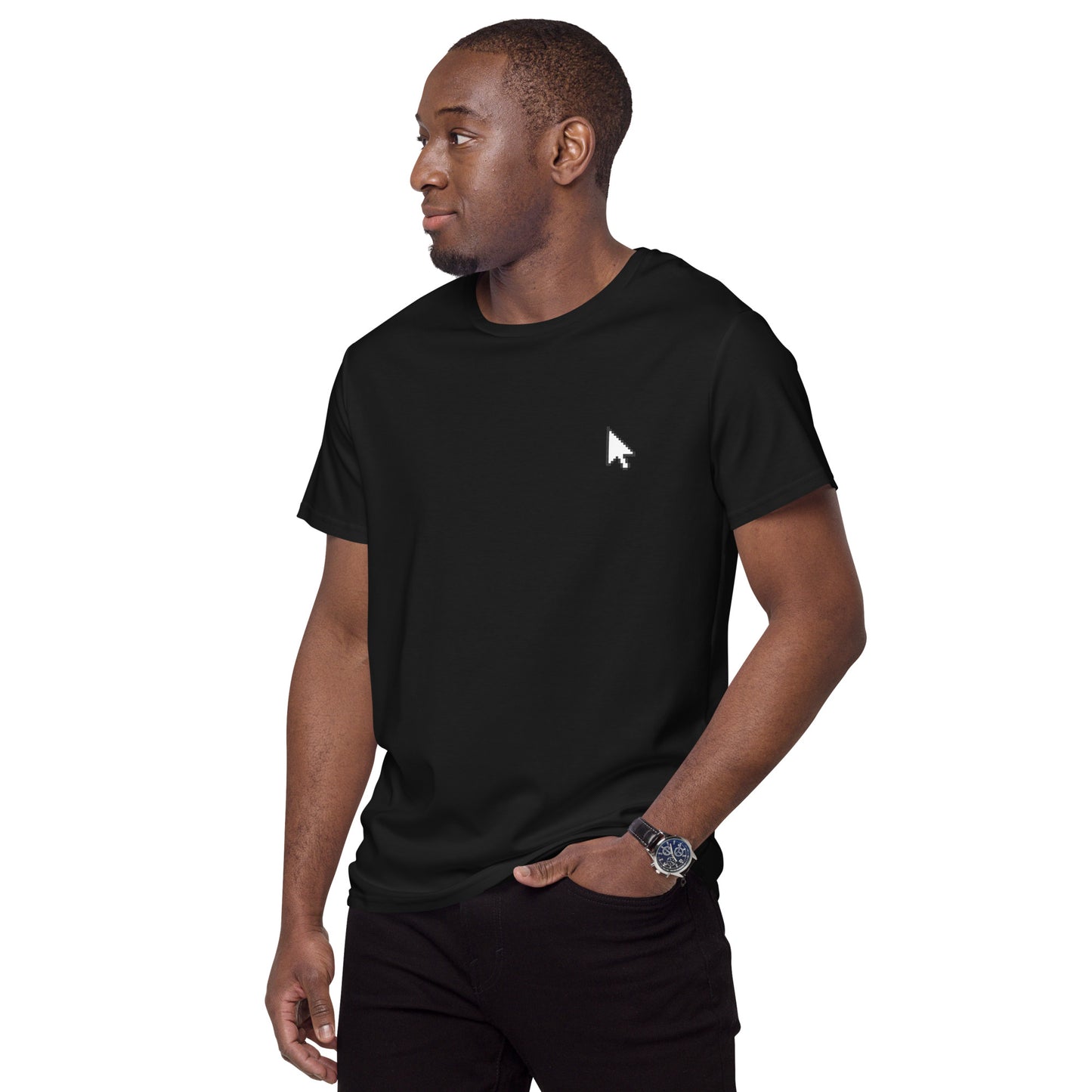 Black t-shirt featuring a small white cursor arrow graphic on the left side of the chest—minimalist, stylish, and perfect for casual wear.