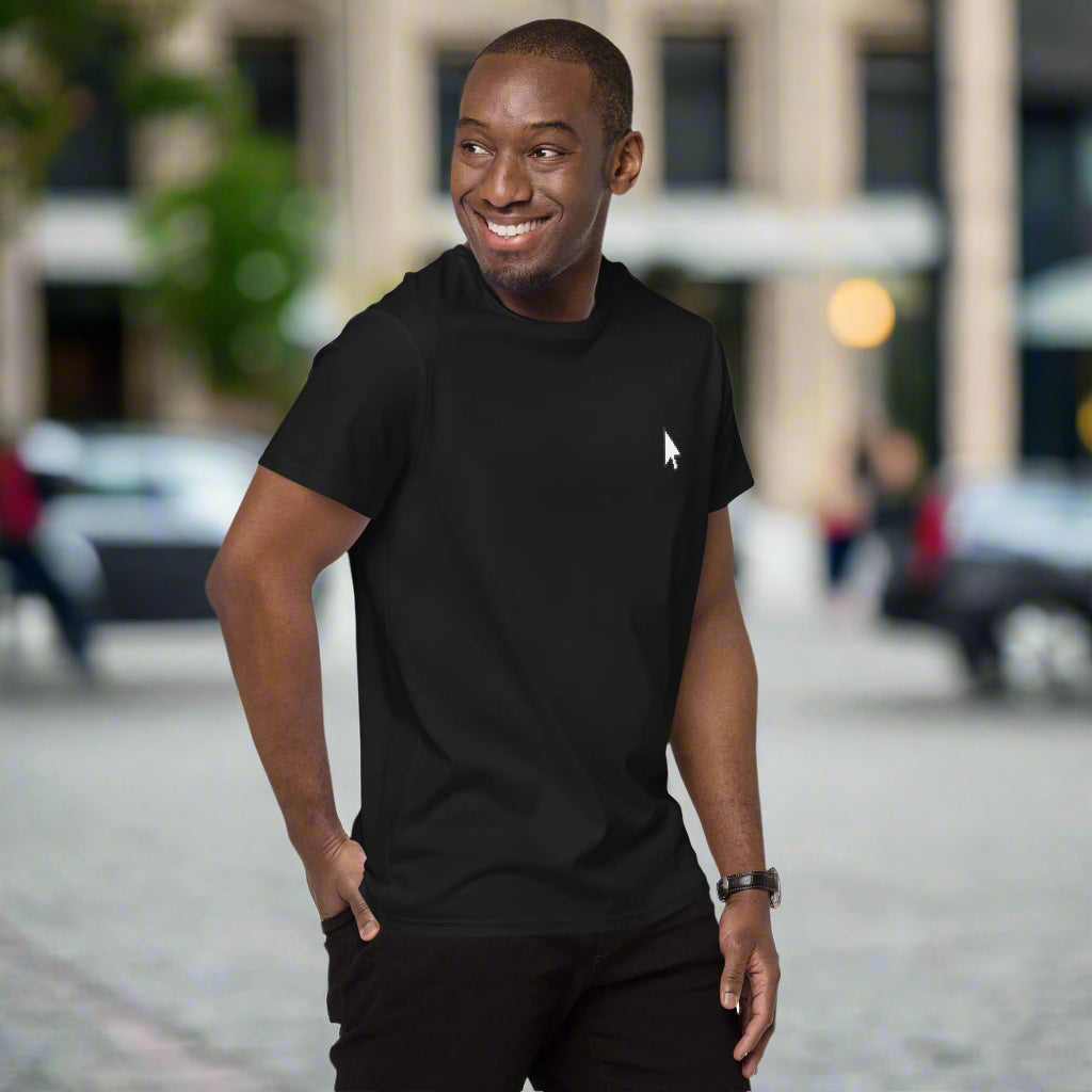 Black t-shirt featuring a small white cursor arrow graphic on the left side of the chest—minimalist, stylish, and perfect for casual wear.