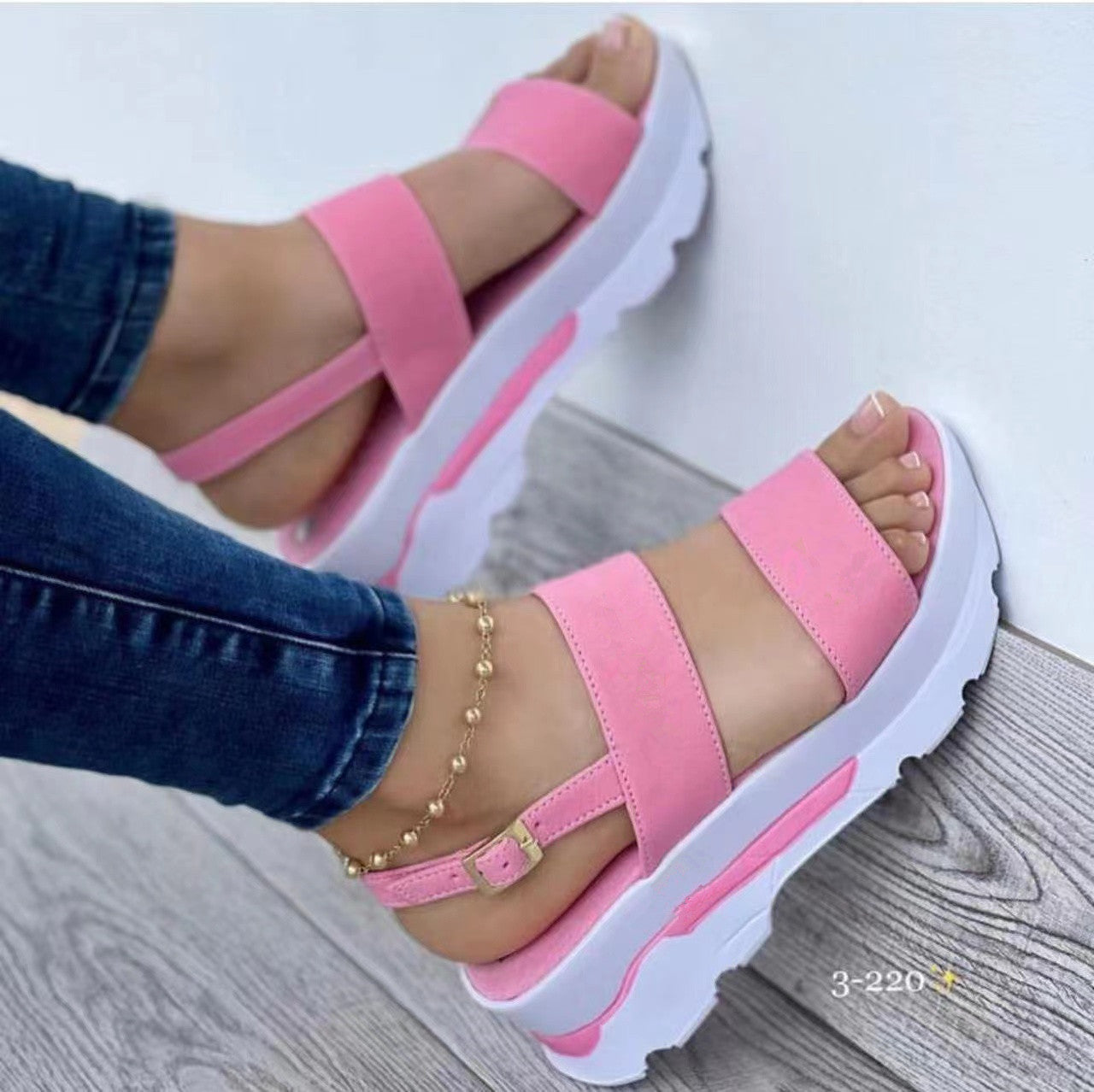 Pink Platform sandals with thick white sole and ankle strap-women's summer footwear