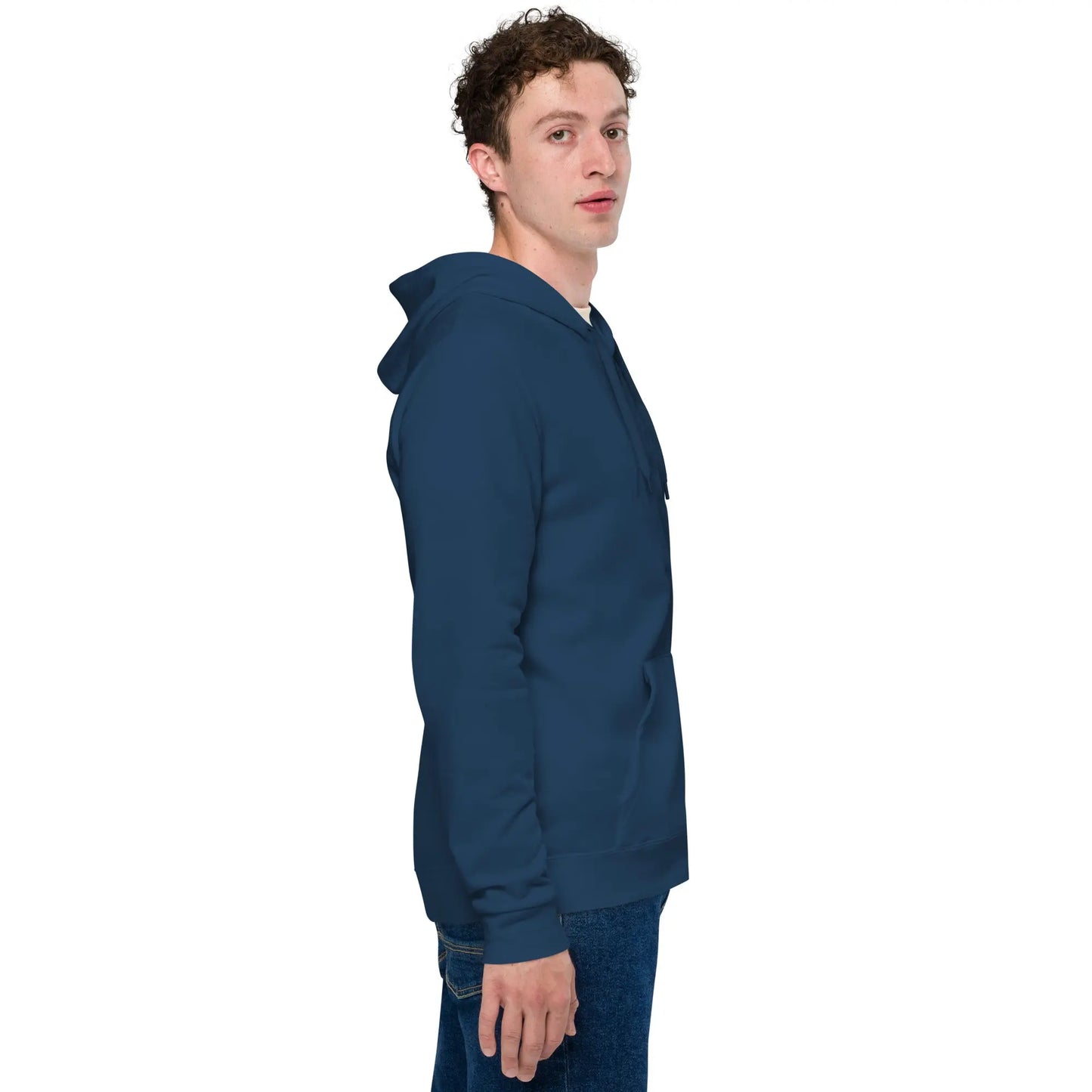 Person wearing a black zip-up hoodie featuring brushed fleece inside, kangaroo pockets, and a hood with matching drawstrings, paired with blue jeans—modern, comfortable, and perfect for athleisure styling.