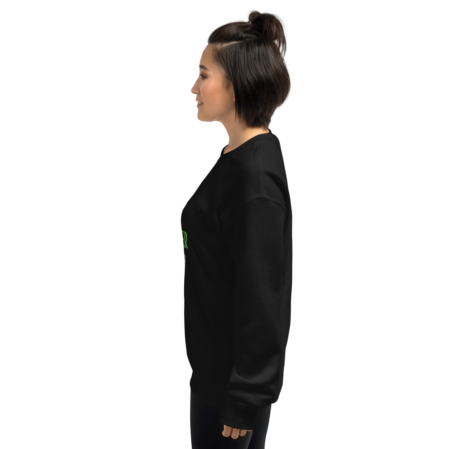 Black sweatshirt featuring a turquoise bunny head graphic with bold ‘EASTER bunny’ text—festive, stylish, and available in six colors excluding white.