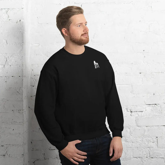 Black sweatshirt featuring a small white embroidered wolf design on the left side of the chest—casual, cozy, and available in multiple colors except white.