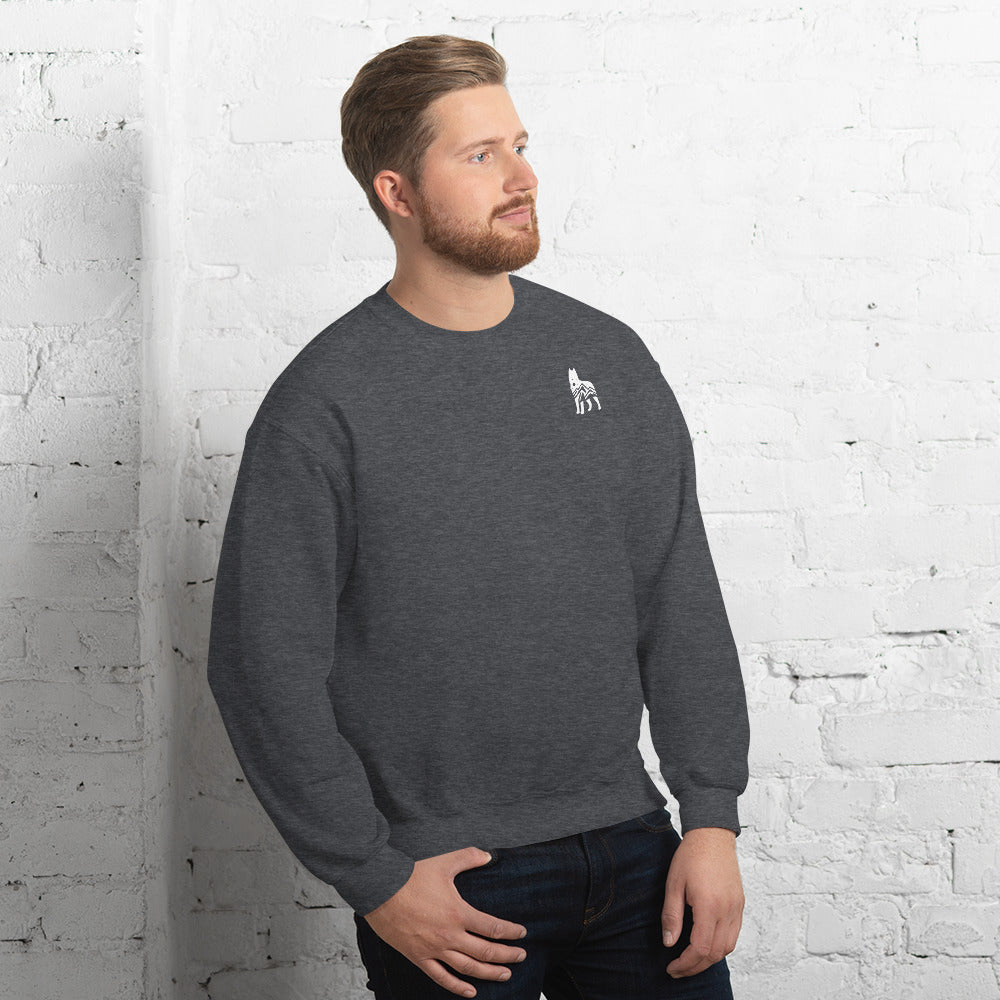 Grey sweatshirt featuring a small white embroidered wolf design on the left side of the chest—casual, cozy, and available in multiple colors except white.
