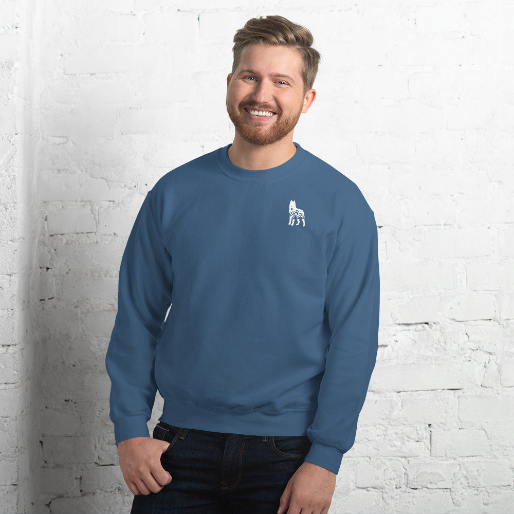 Indigo Blue sweatshirt featuring a small white embroidered wolf design on the left side of the chest—casual, cozy, and available in multiple colors except white.