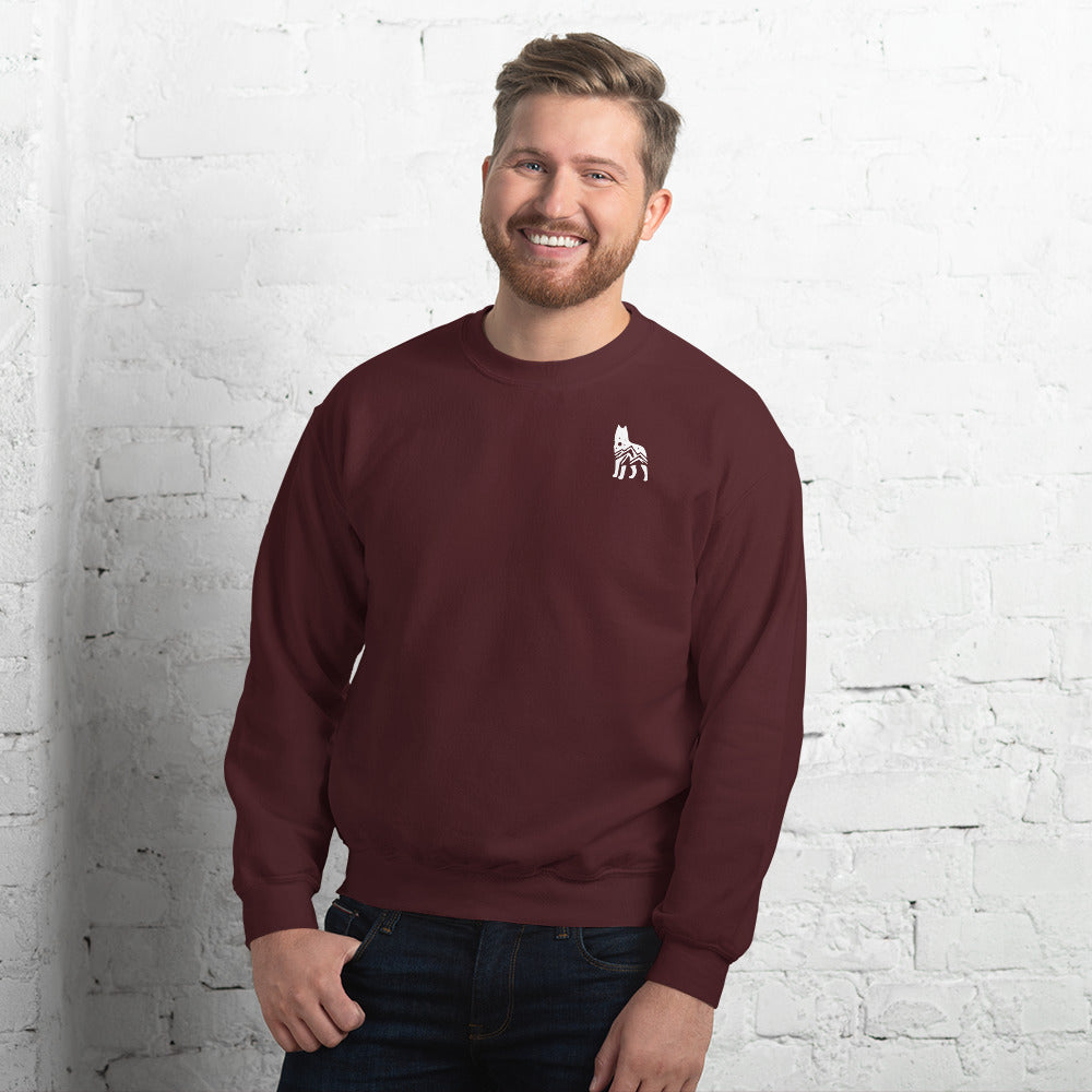 Maroon sweatshirt featuring a small white embroidered wolf design on the left side of the chest—casual, cozy, and available in multiple colors except white.