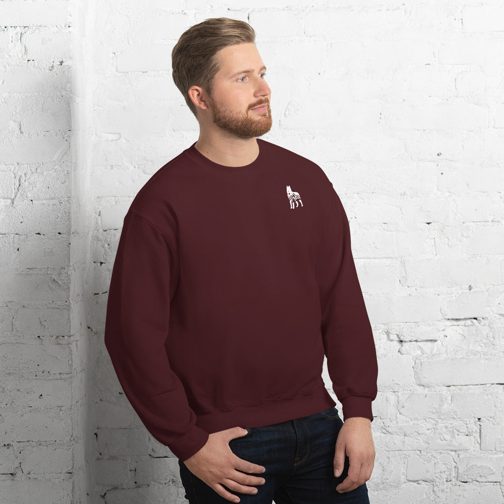 Maroon sweatshirt featuring a small white embroidered wolf design on the left side of the chest—casual, cozy, and available in multiple colors except white.
