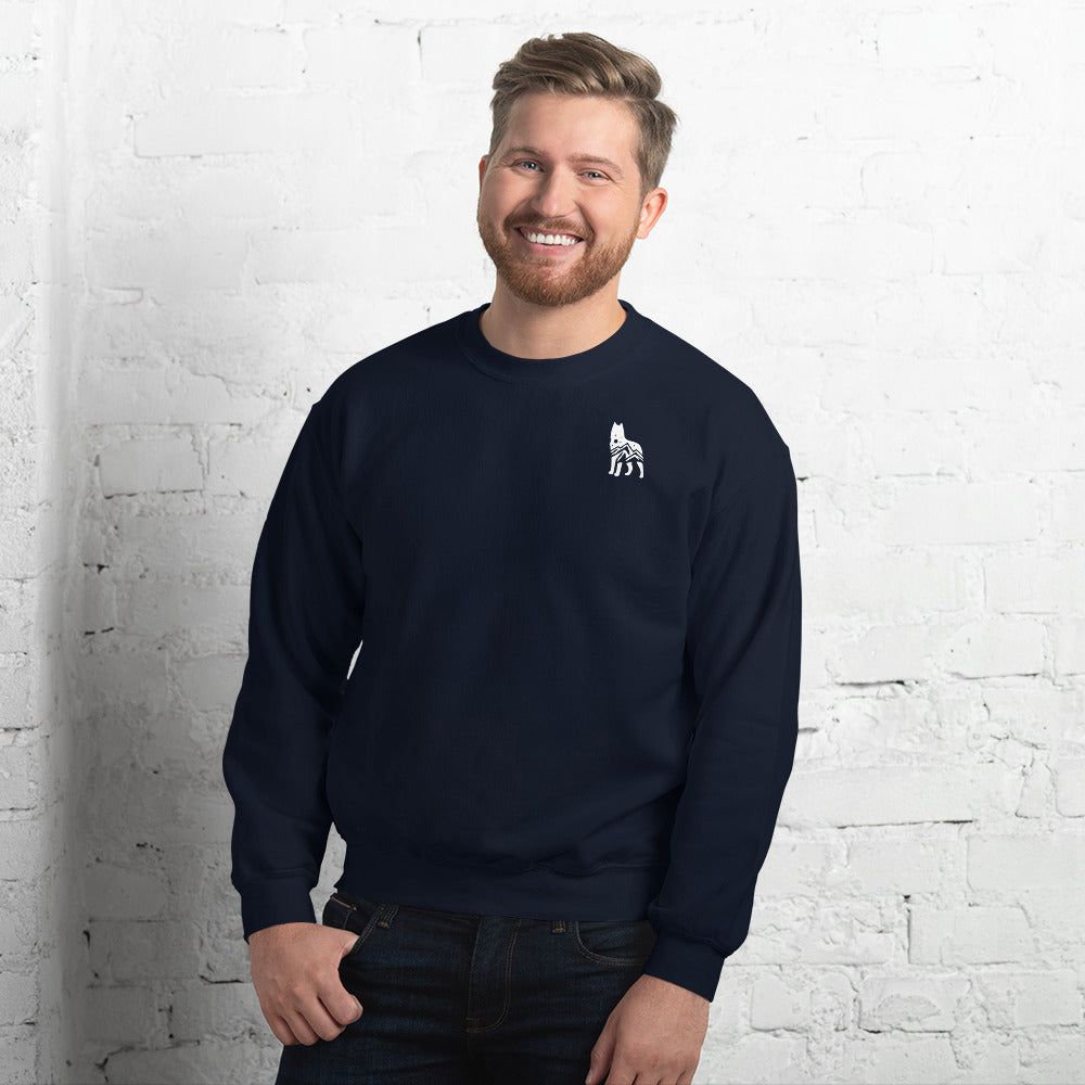 Black sweatshirt featuring a small white embroidered wolf design on the left side of the chest—casual, cozy, and available in multiple colors except white.