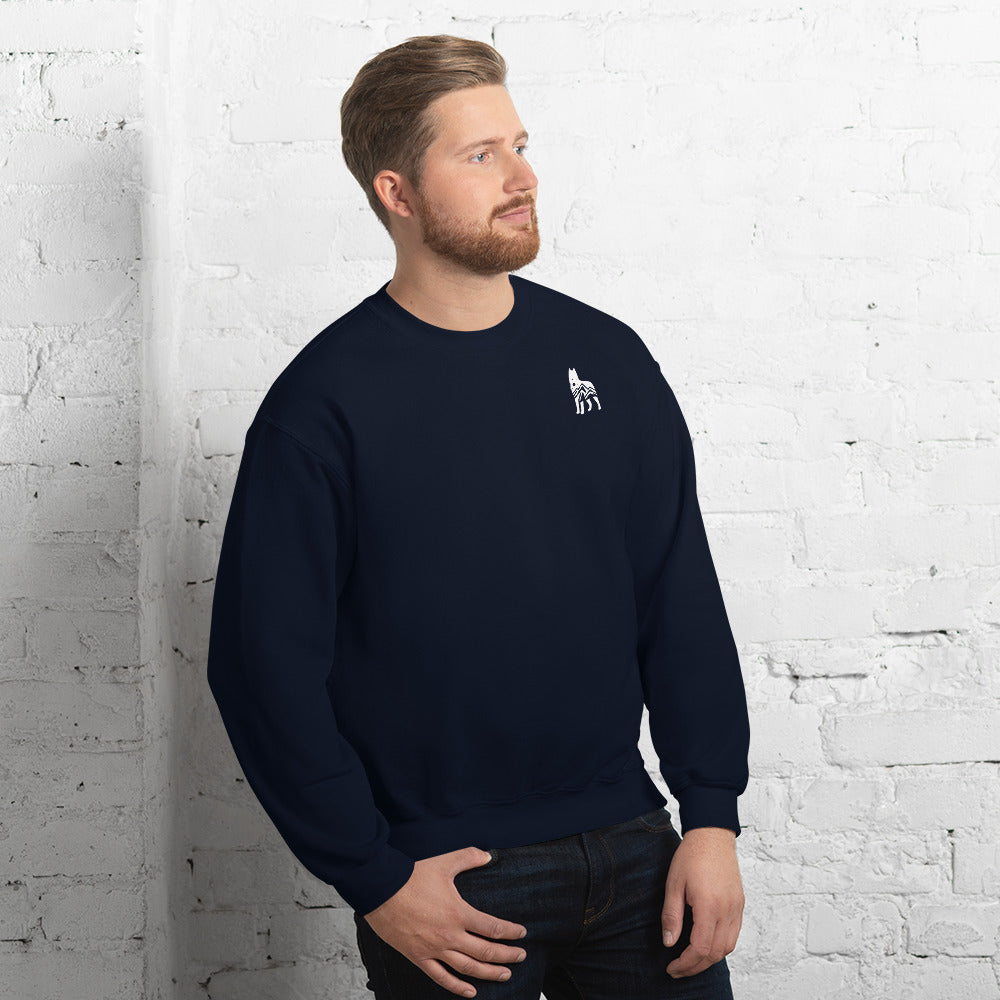 Navy sweatshirt featuring a small white embroidered wolf design on the left side of the chest—casual, cozy, and available in multiple colors except white.