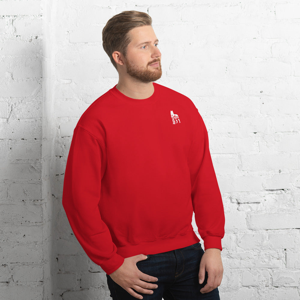 Red sweatshirt featuring a small white embroidered wolf design on the left side of the chest—casual, cozy, and available in multiple colors except white.