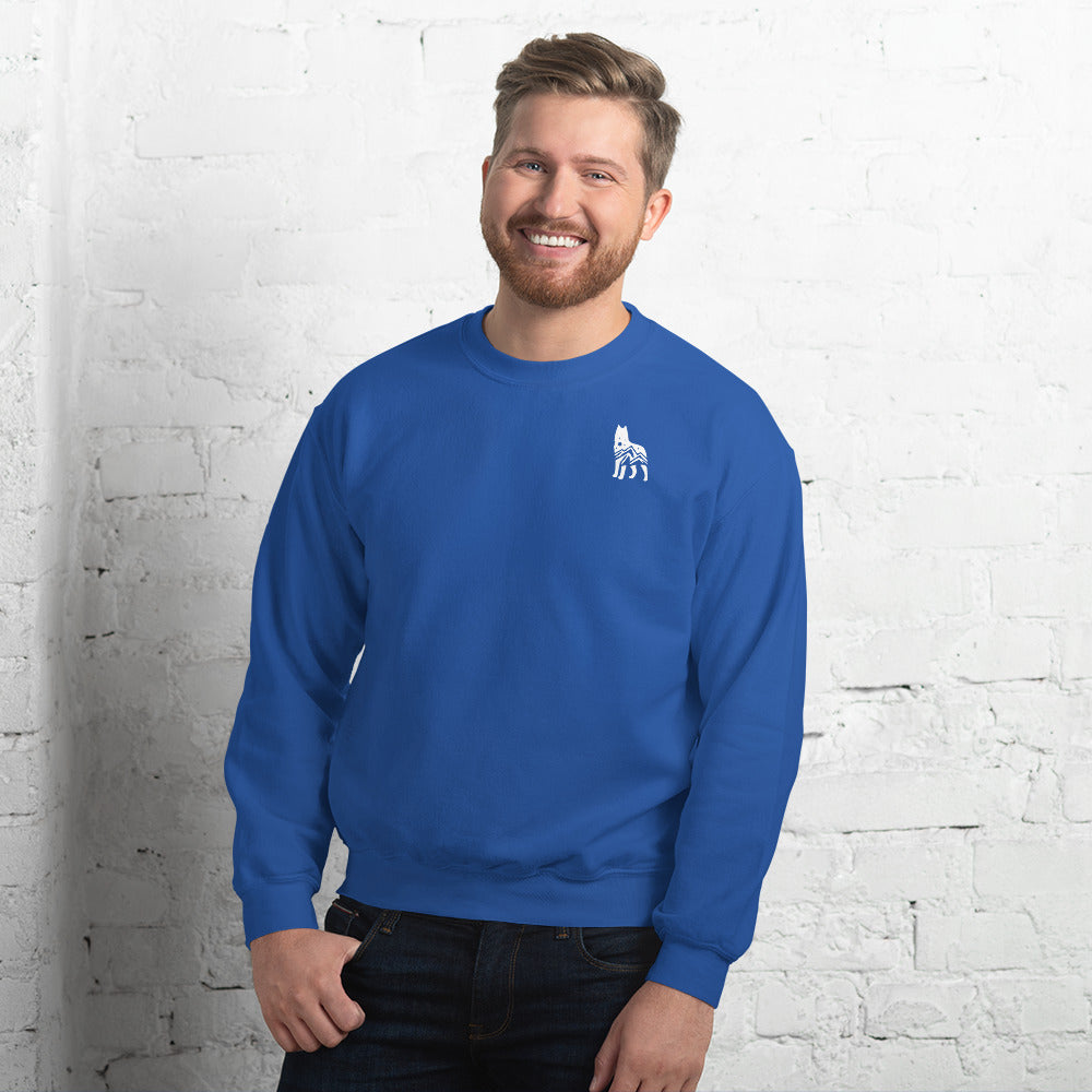 Blue sweatshirt featuring a small white embroidered wolf design on the left side of the chest—casual, cozy, and available in multiple colors except white.