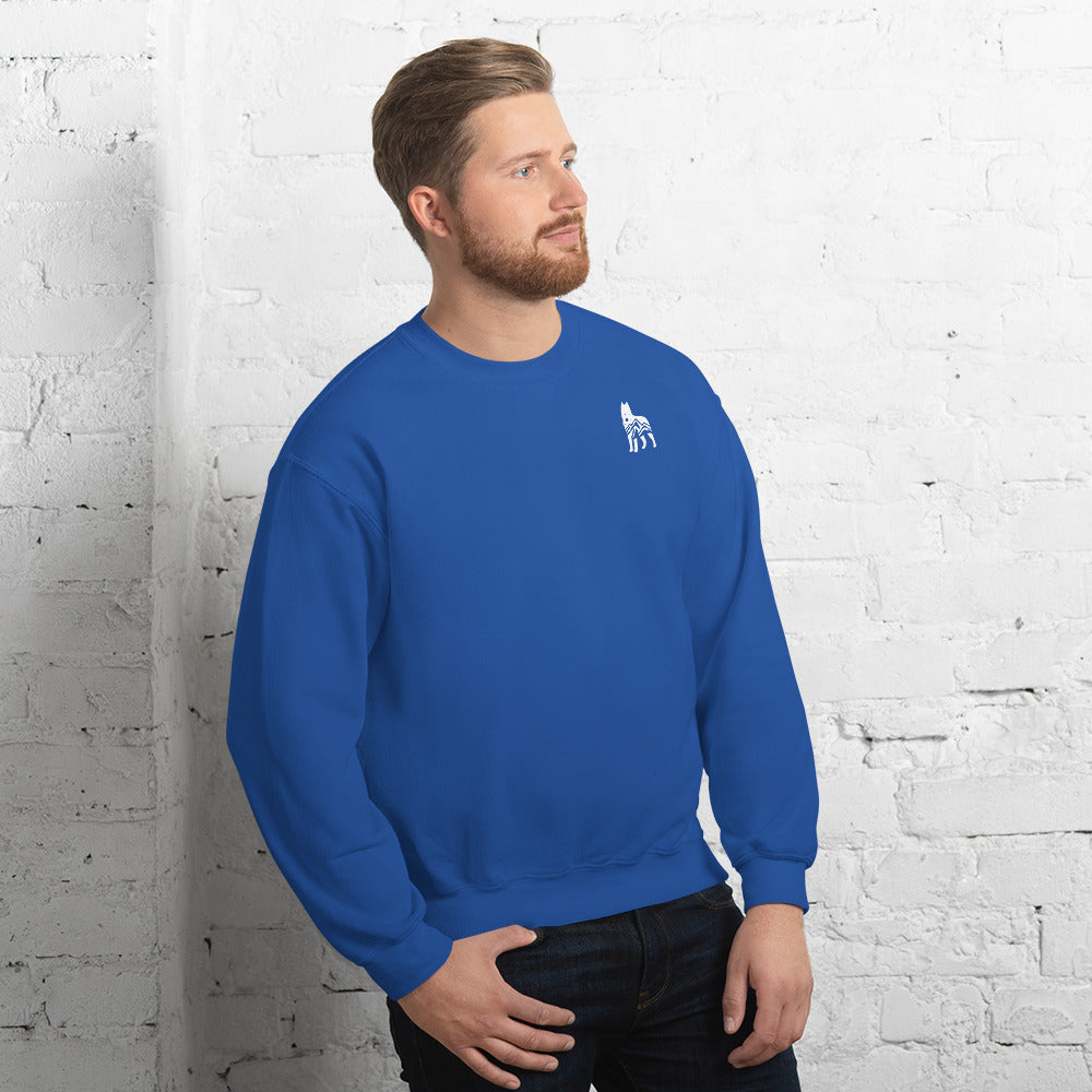 Blue sweatshirt featuring a small white embroidered wolf design on the left side of the chest—casual, cozy, and available in multiple colors except white.