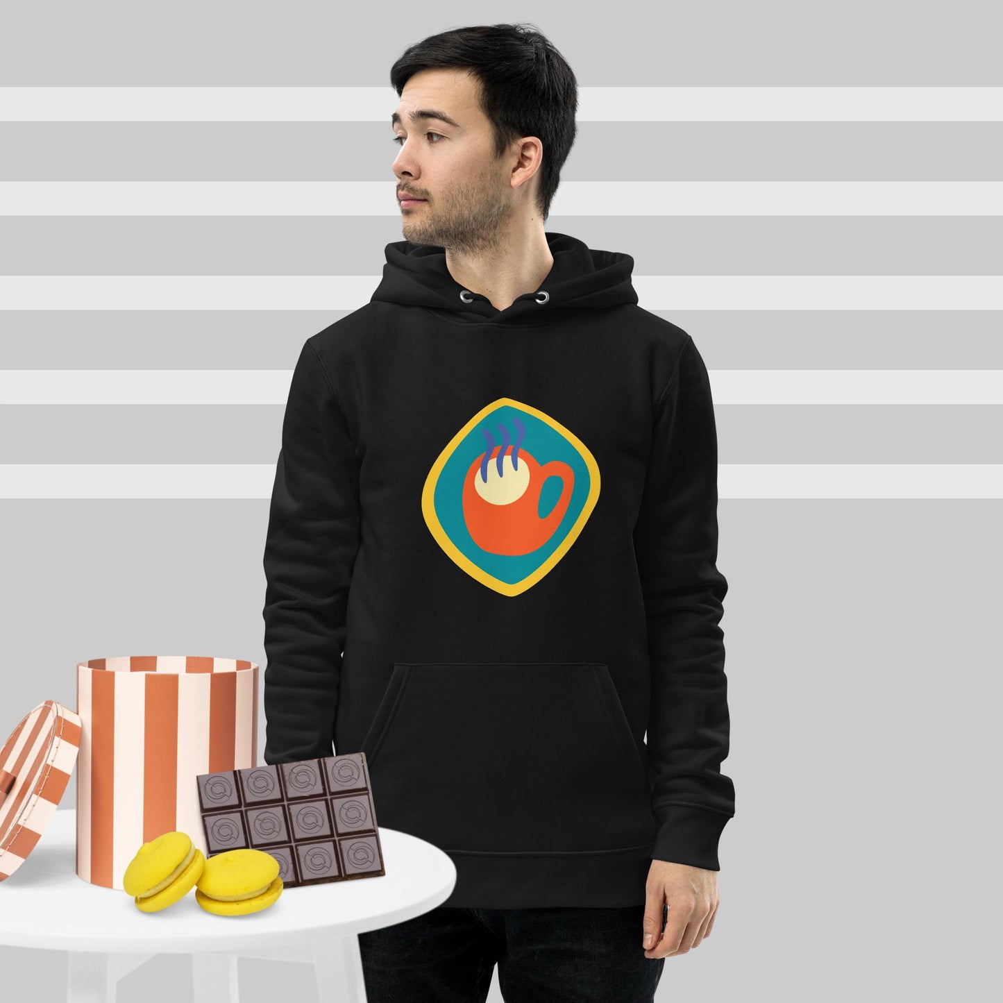 Unisex hoodie available in white, black, and navy blue, featuring a colorful hand logo design in red, orange, blue, green, and yellow, with a front pocket and adjustable metal-tipped drawstring hood—stylish, comfortable, and perfect for casual wear.