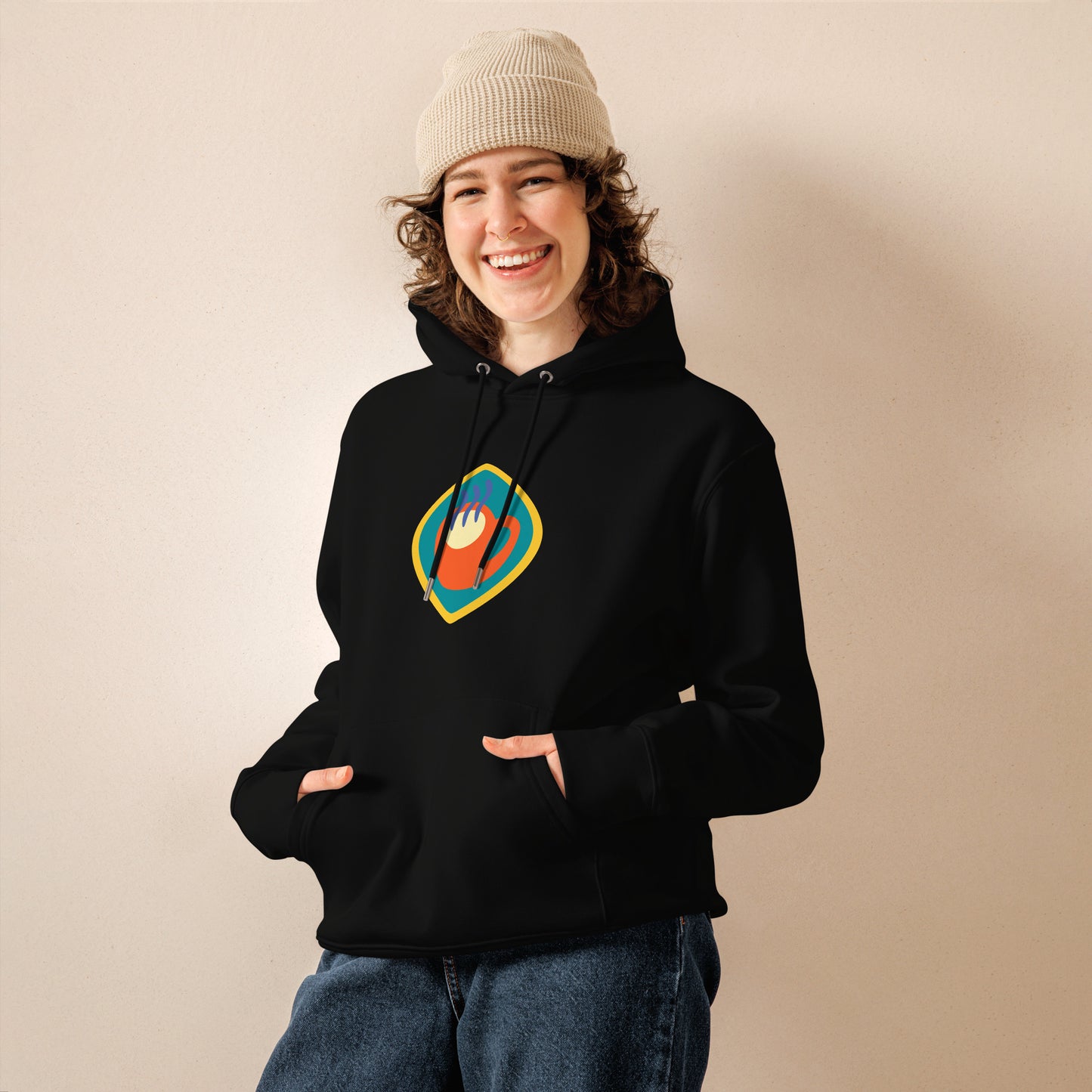 Unisex hoodie available in white, black, and navy blue, featuring a colorful hand logo design in red, orange, blue, green, and yellow, with a front pocket and adjustable metal-tipped drawstring hood—stylish, comfortable, and perfect for casual wear.