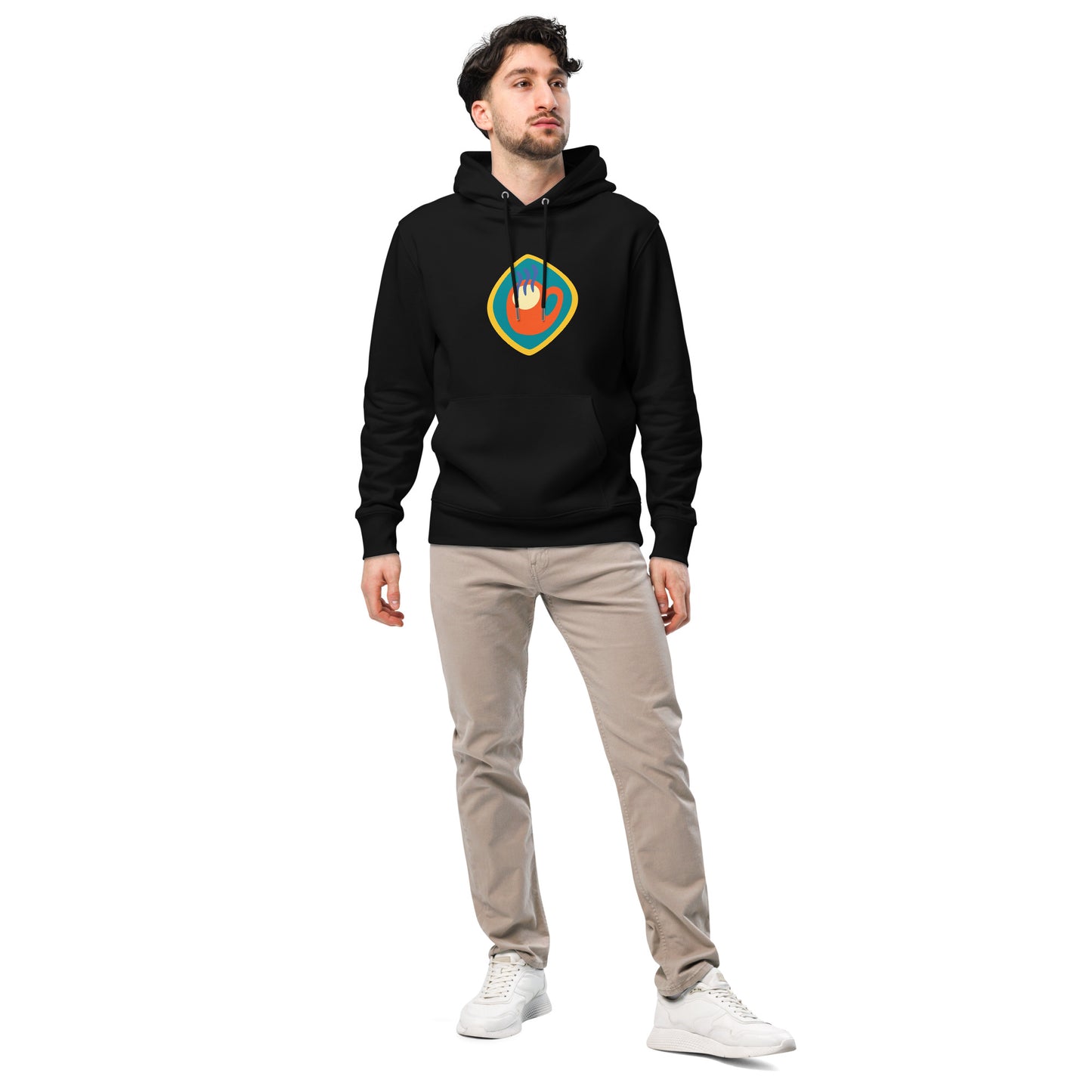 Unisex hoodie available in white, black, and navy blue, featuring a colorful hand logo design in red, orange, blue, green, and yellow, with a front pocket and adjustable metal-tipped drawstring hood—stylish, comfortable, and perfect for casual wear.