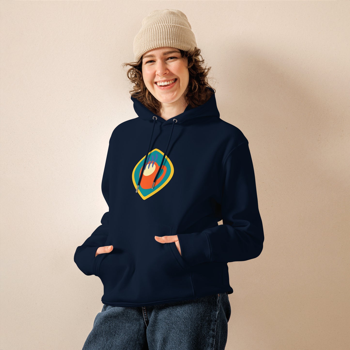 Unisex hoodie available in white, black, and navy blue, featuring a colorful hand logo design in red, orange, blue, green, and yellow, with a front pocket and adjustable metal-tipped drawstring hood—stylish, comfortable, and perfect for casual wear.