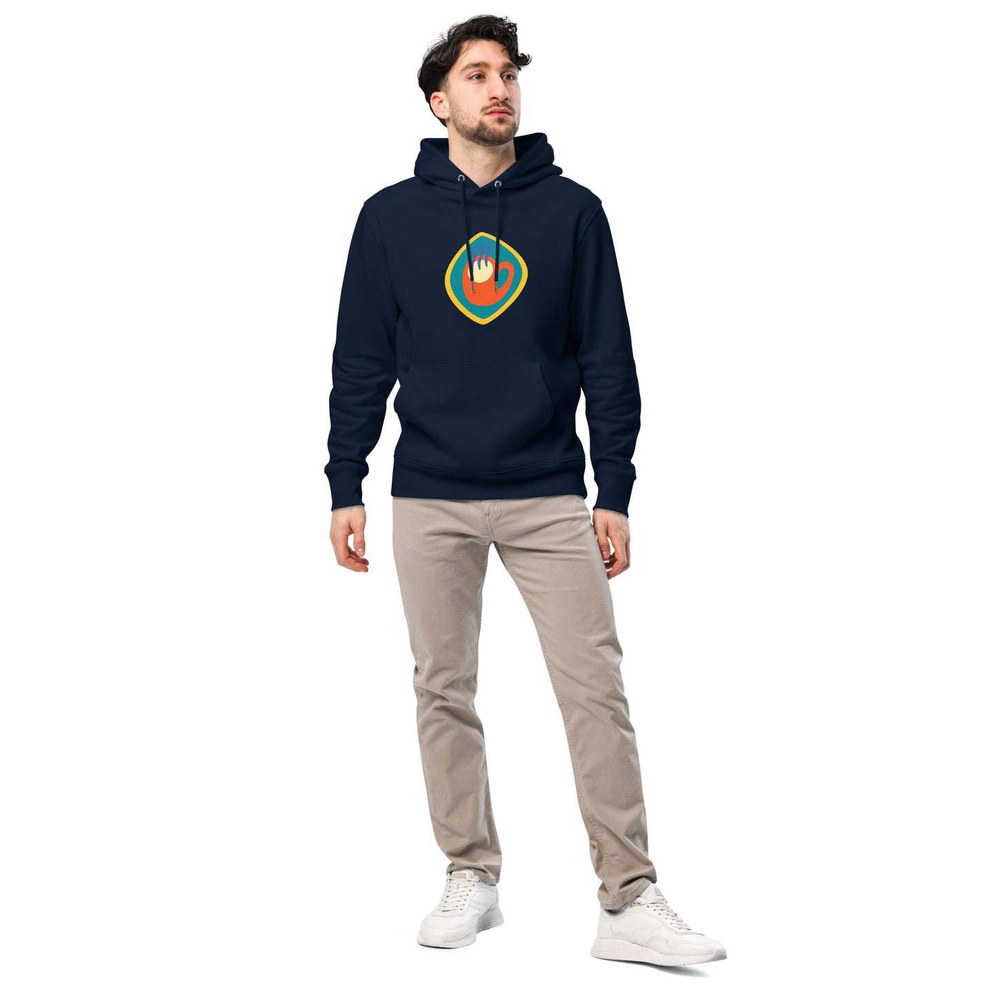 Unisex hoodie available in white, black, and navy blue, featuring a colorful hand logo design in red, orange, blue, green, and yellow, with a front pocket and adjustable metal-tipped drawstring hood—stylish, comfortable, and perfect for casual wear.