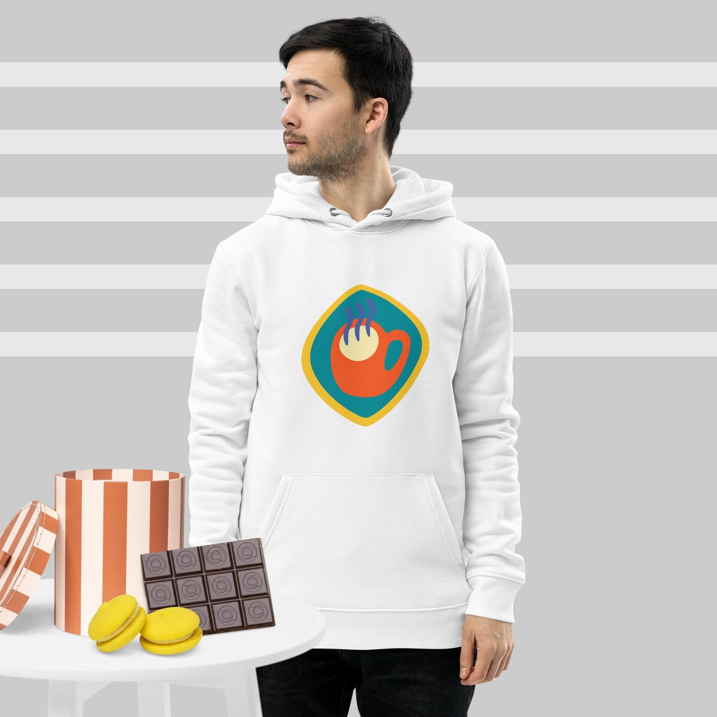 Unisex hoodie available in white, black, and navy blue, featuring a colorful hand logo design in red, orange, blue, green, and yellow, with a front pocket and adjustable metal-tipped drawstring hood—stylish, comfortable, and perfect for casual wear.