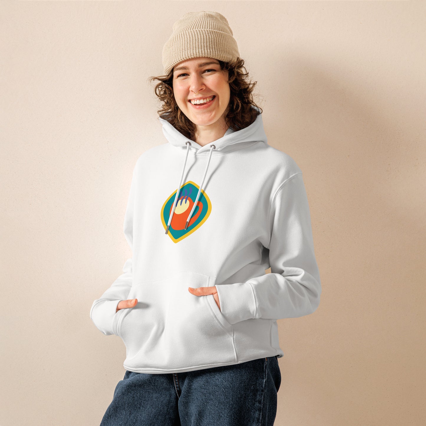 Unisex hoodie available in white, black, and navy blue, featuring a colorful hand logo design in red, orange, blue, green, and yellow, with a front pocket and adjustable metal-tipped drawstring hood—stylish, comfortable, and perfect for casual wear.