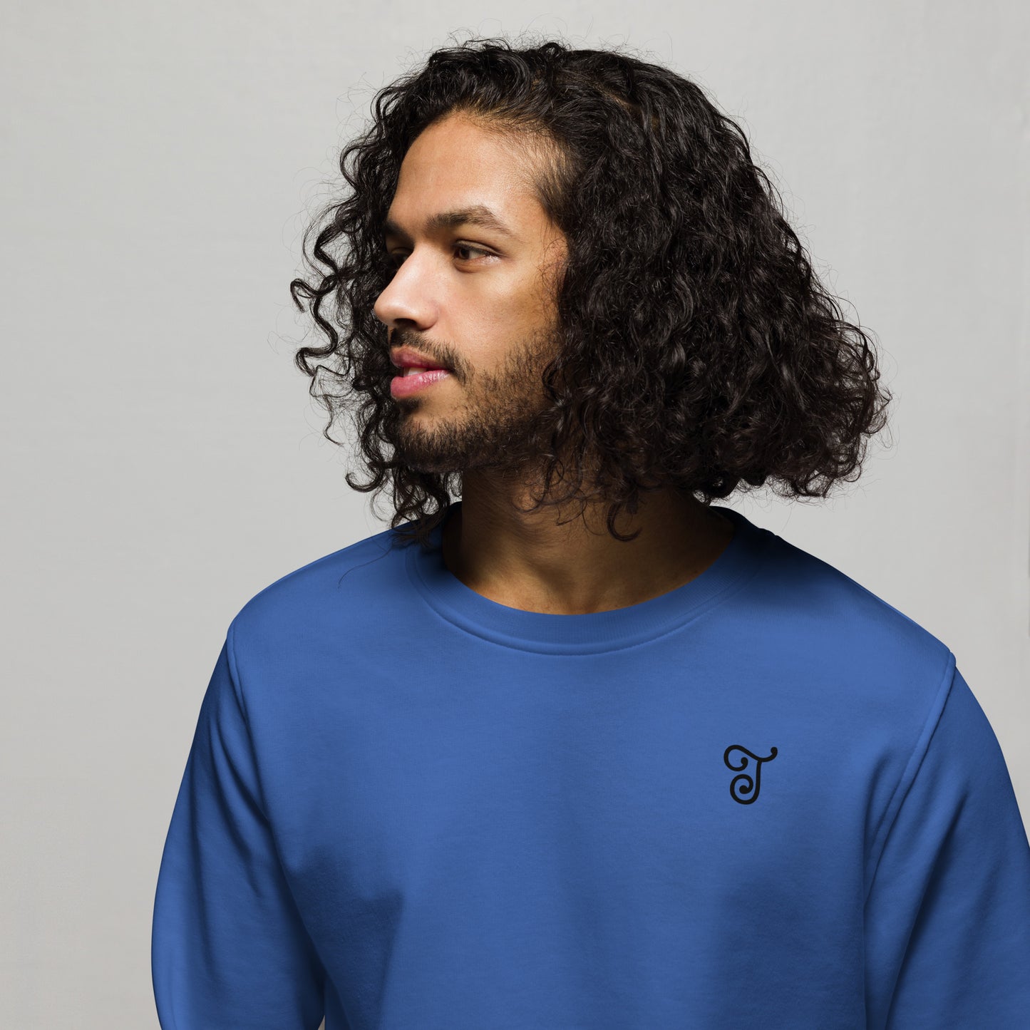 Royal blue sweatshirt featuring an embroidered letter ‘T’ on the left chest, worn with beige pants, seated on a black stool against a white background—modern, stylish, and available in multiple colors.