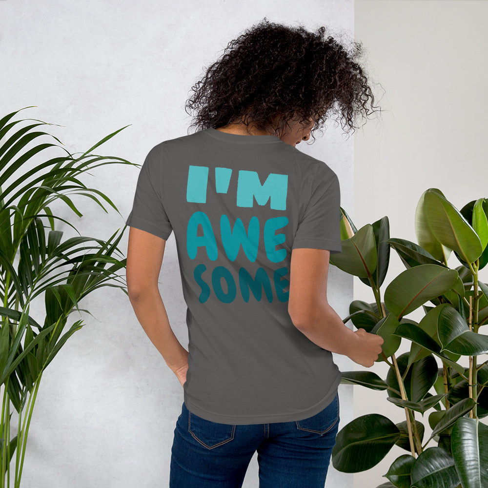 Light grey t-shirt featuring a bold back print reading ‘I’M AWESOME’ in large blue letters—minimalist, stylish, and perfect for casual wear.