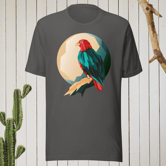 Dark gray t-shirt featuring a geometric bird design with a red head and teal-green body on the front, and bold blue text reading ‘I’M AWESOME’ on the back—stylish, artistic, and perfect for casual wear.