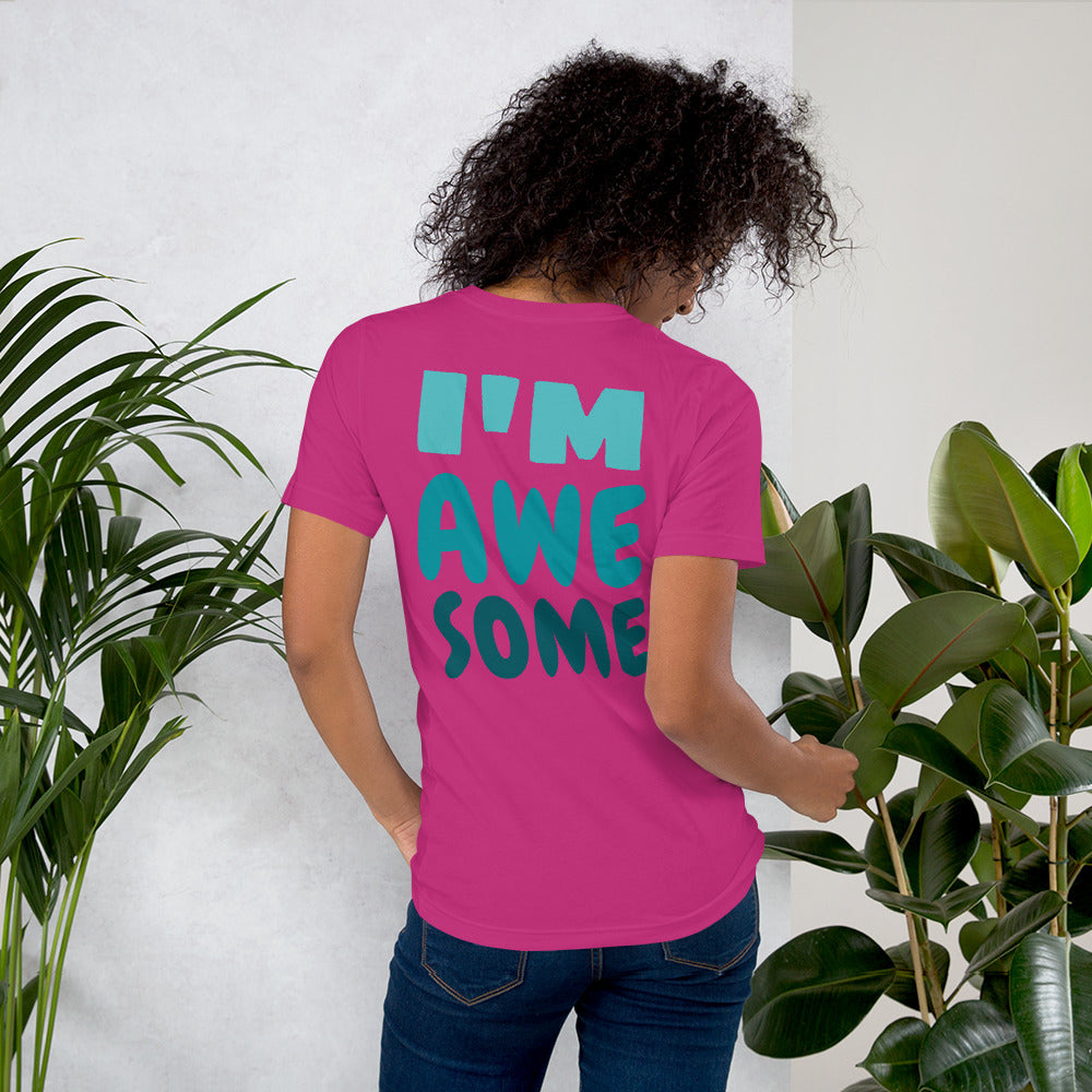 Pink t-shirt featuring a bold front print reading ‘I’M AWESOME’ in large blue letters—minimalist, stylish, and perfect for casual wear.