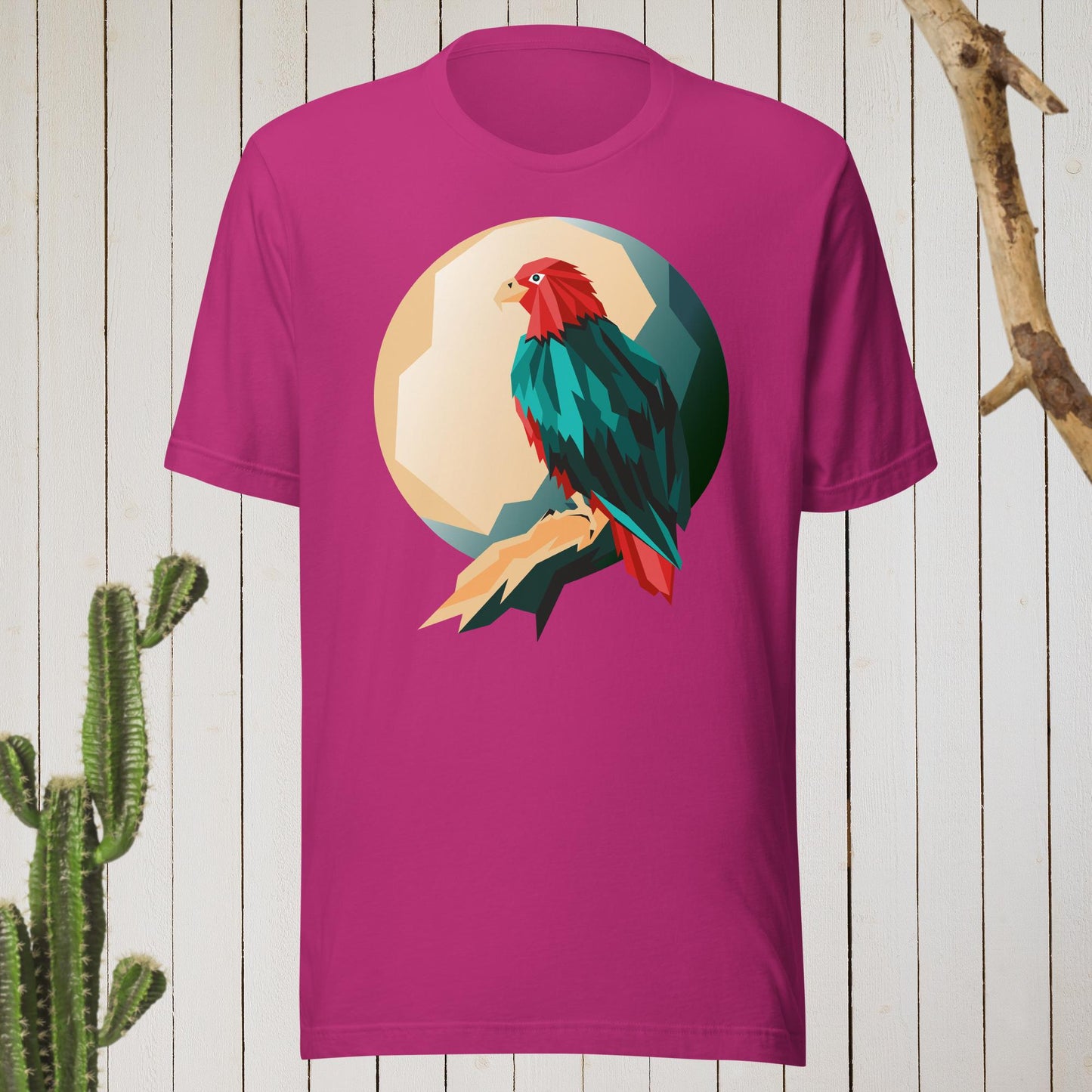 Dark gray t-shirt featuring a geometric bird design with a red head and teal-green body on the front, and bold blue text reading ‘I’M AWESOME’ on the back—stylish, artistic, and perfect for casual wear.