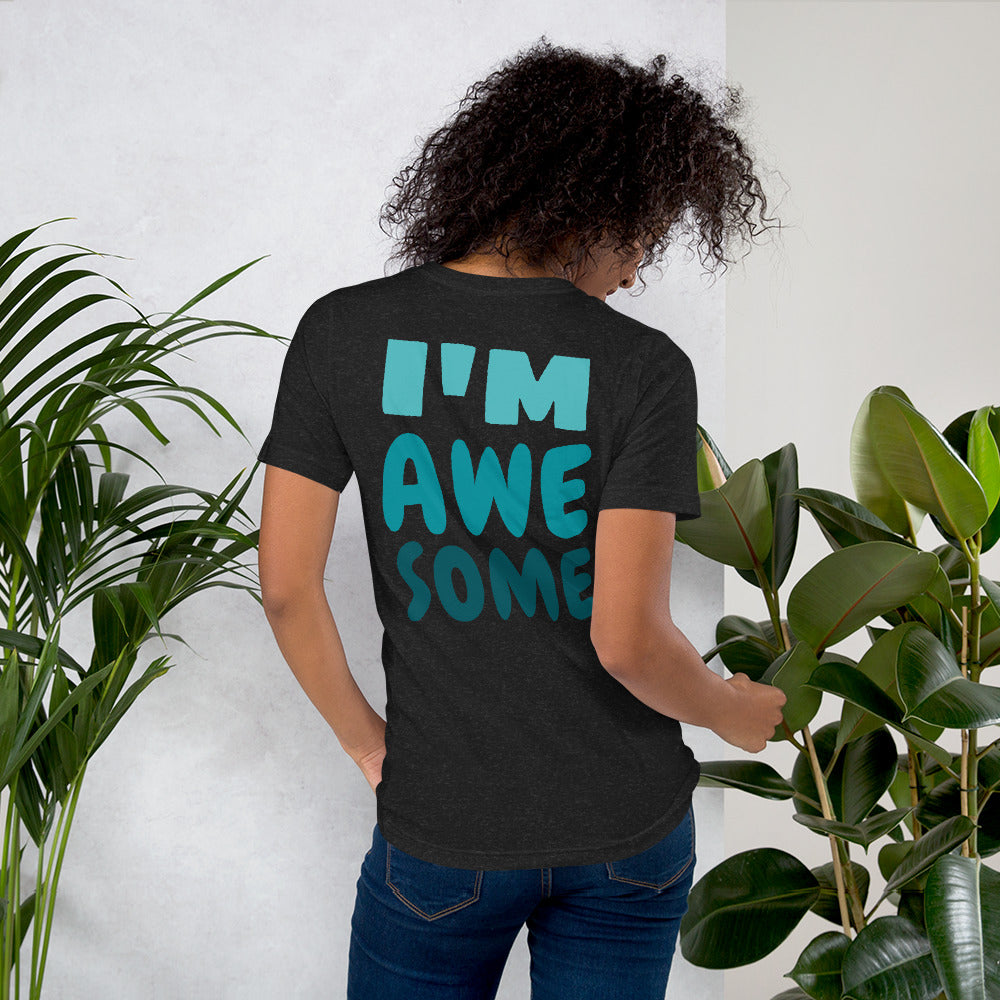 Black t-shirt featuring a bold front print reading ‘I’M AWESOME’ in large blue letters—minimalist, stylish, and perfect for casual wear.
