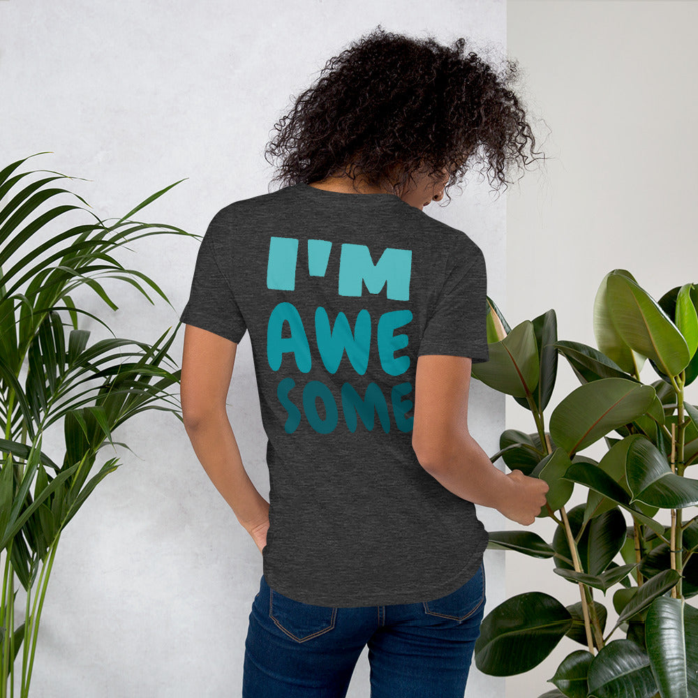 Dark grey t-shirt featuring a bold front print reading ‘I’M AWESOME’ in large blue letters—minimalist, stylish, and perfect for casual wear.