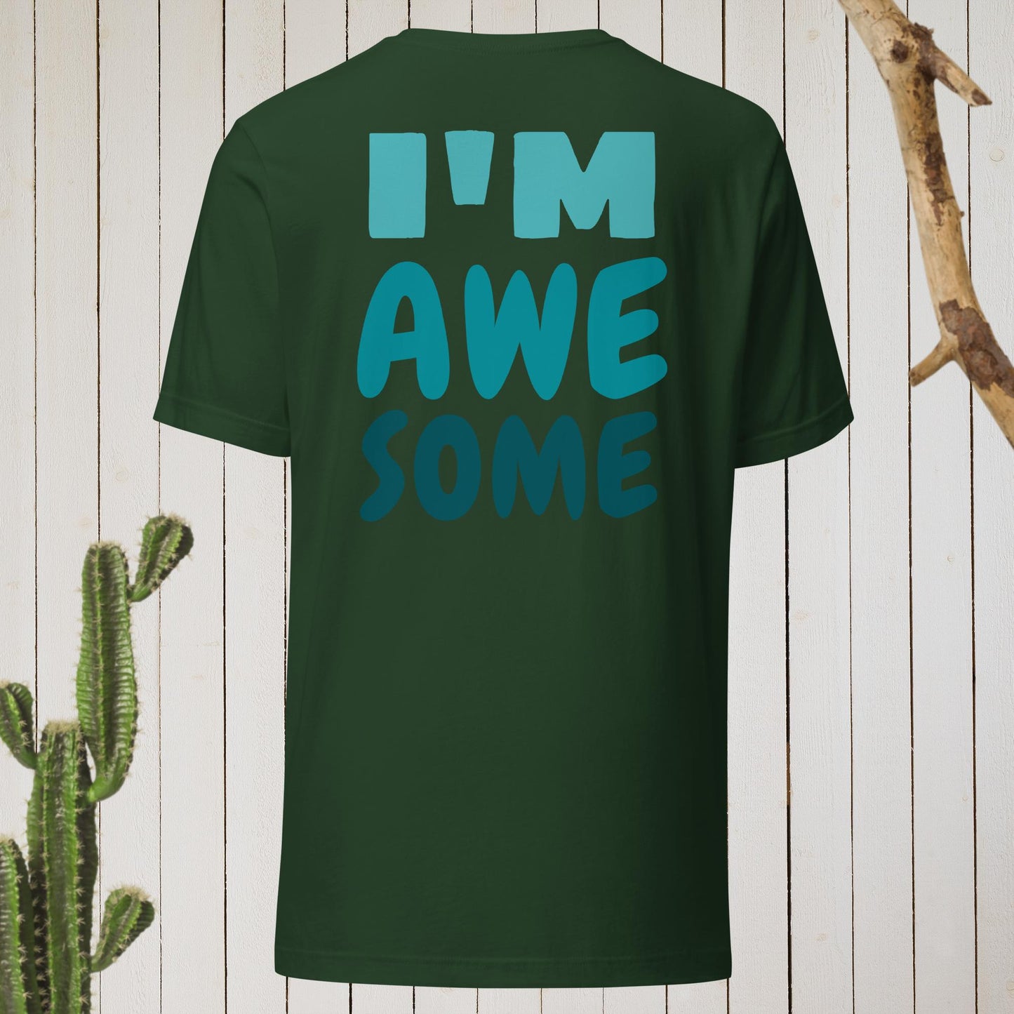 Dark green t-shirt featuring a geometric bird design with a red head and teal-green body on the front, and bold blue text reading ‘I’M AWESOME’ on the back—stylish, artistic, and perfect for casual wear.