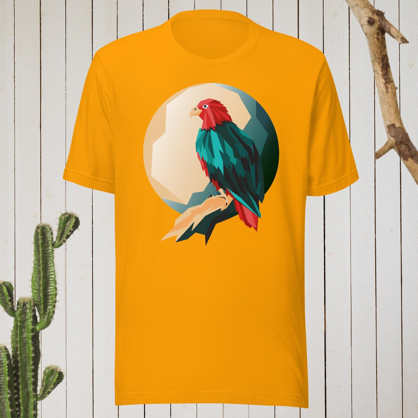 Bright Yellow t-shirt featuring a geometric bird design with a red head and teal-green body on the front, and bold blue text reading ‘I’M AWESOME’ on the back—stylish, artistic, and perfect for casual wear.