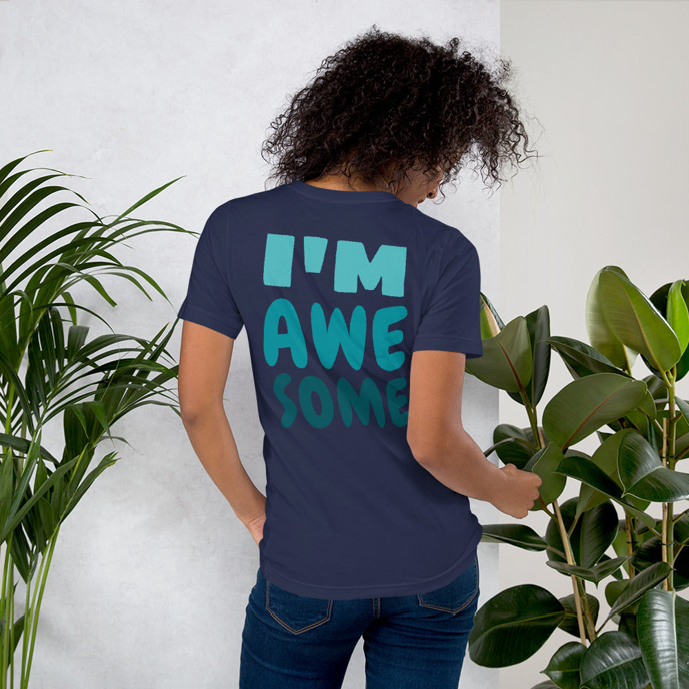 Navy t-shirt featuring a bold front print reading ‘I’M AWESOME’ in large blue letters—minimalist, stylish, and perfect for casual wear.