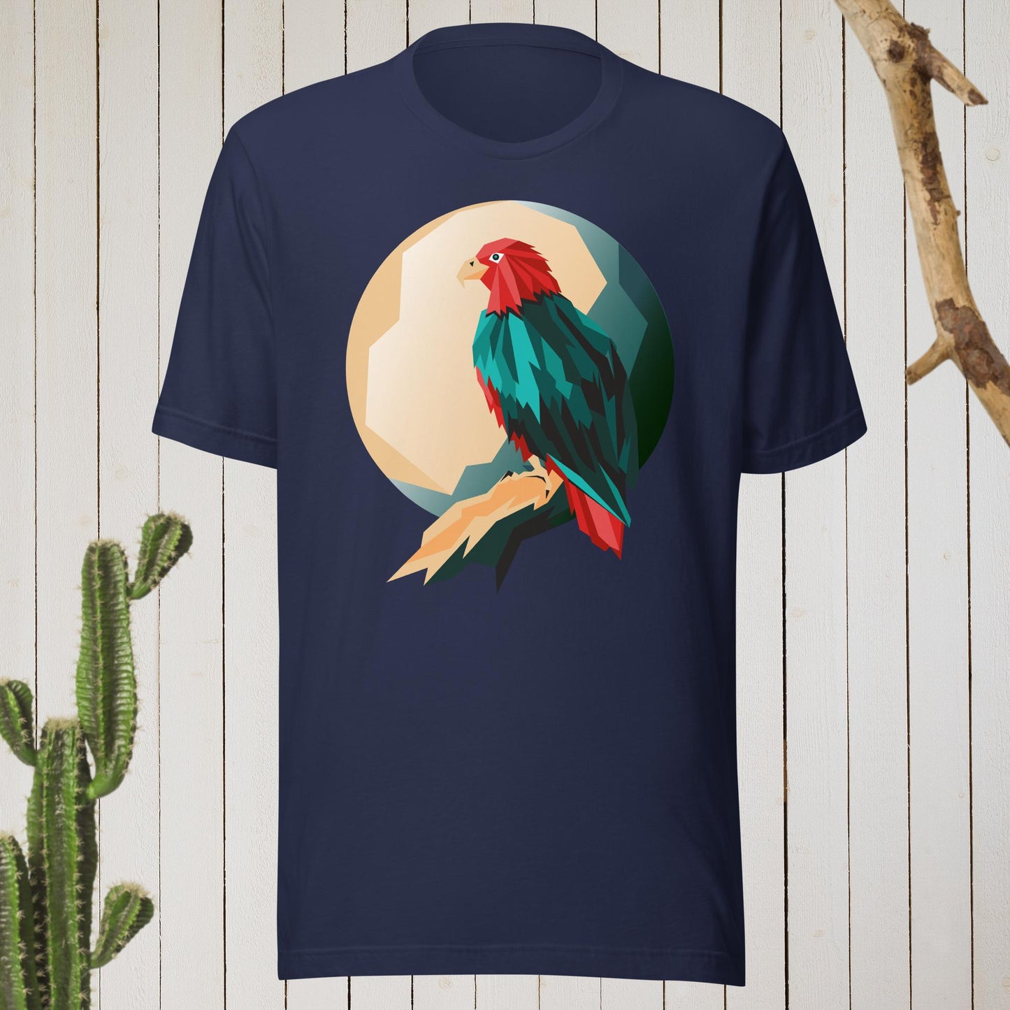 Navy t-shirt featuring a geometric bird design with a red head and teal-green body on the front, and bold blue text reading ‘I’M AWESOME’ on the back—stylish, artistic, and perfect for casual wear.