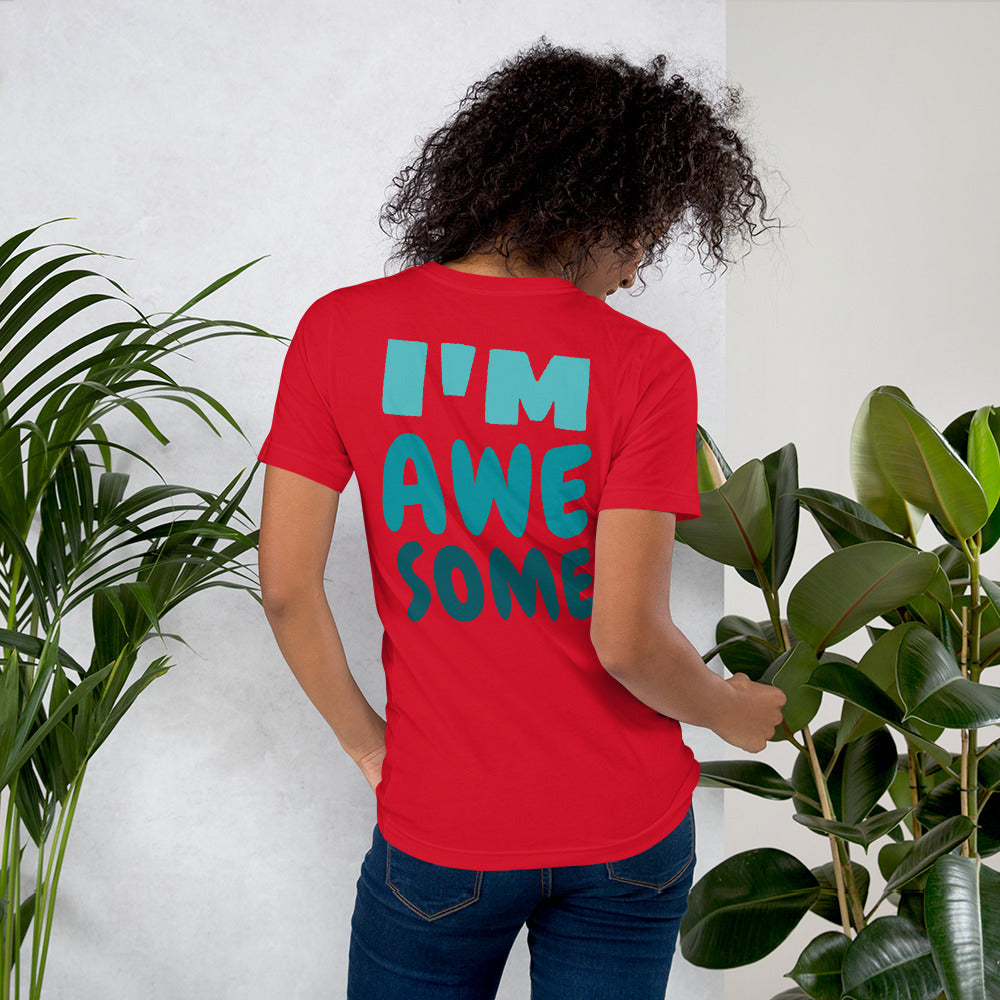 Red t-shirt featuring a bold front print reading ‘I’M AWESOME’ in large blue letters—minimalist, stylish, and perfect for casual wear.