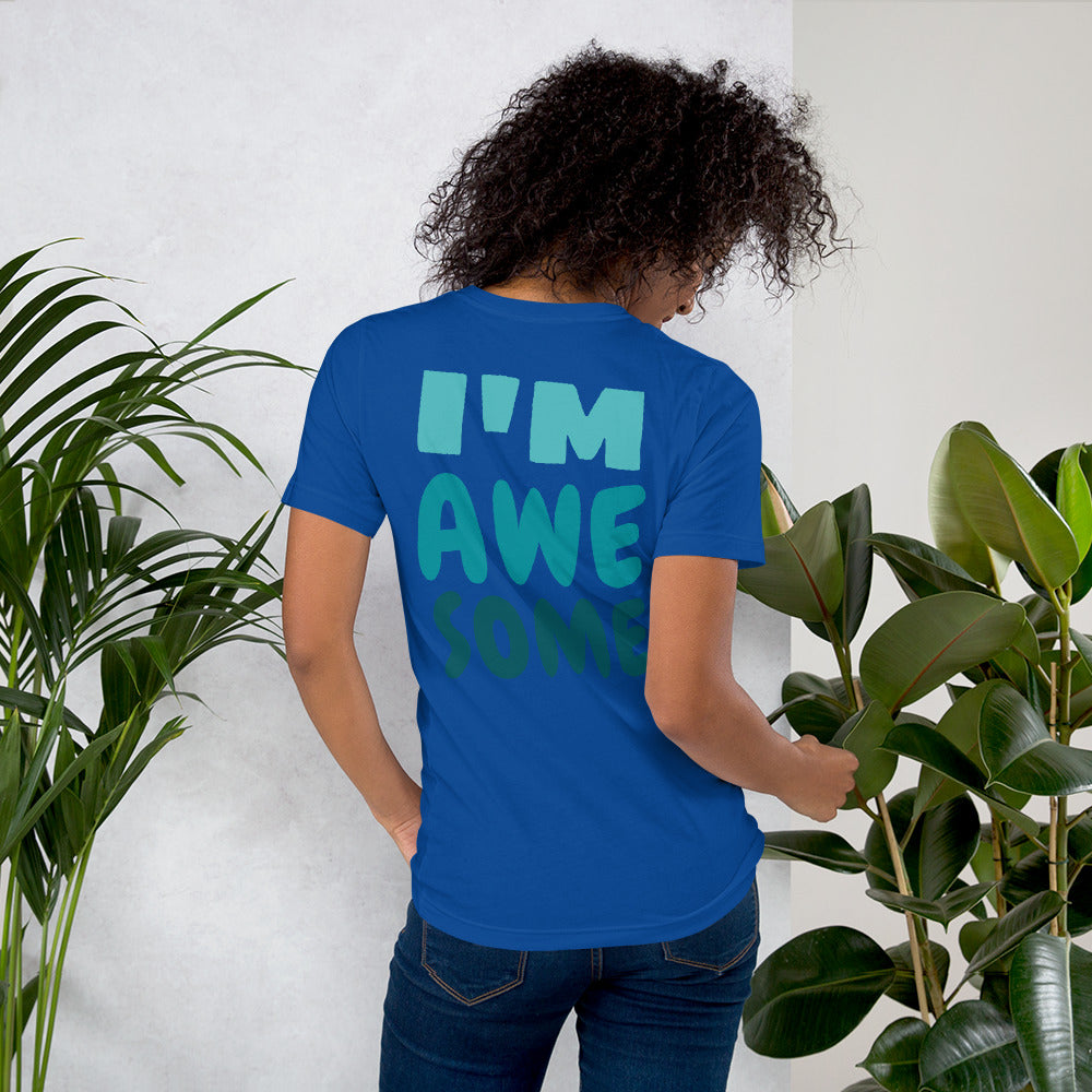 Royal blue t-shirt featuring a bold front print reading ‘I’M AWESOME’ in large blue letters—minimalist, stylish, and perfect for casual wear.