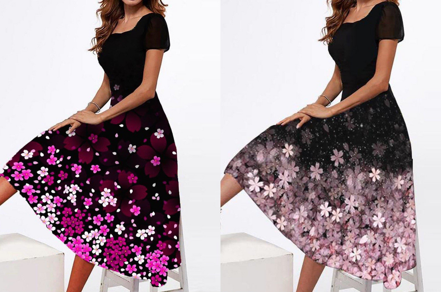 Floral Print Midi Dress, Elegant Square-Neck Style in Two Designs