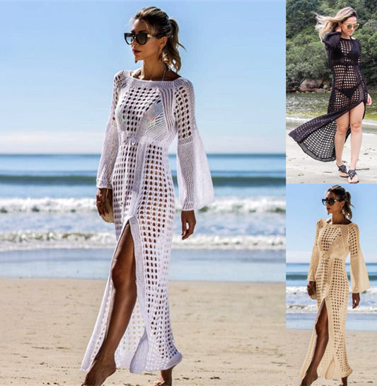 Knitted Crochet Sexy Hollow Beach Skirt Vacation Long Skirt Bikini Outer Cover-up Sunscreen Shirt