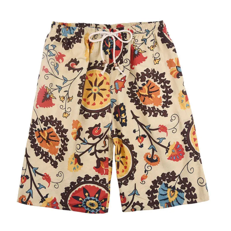 Summer New Cotton And Linen Printing Five-point Men's Beach Pants Casual Sports Loose Large Size Shorts Men's Thin Trend