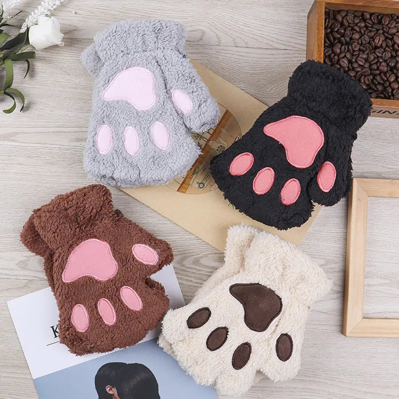 Cat Claw Gloves For Women Winter Korean Style Cute Girls Fingerless Thickened Warm Bear Paw Plush Half Finger Gloves