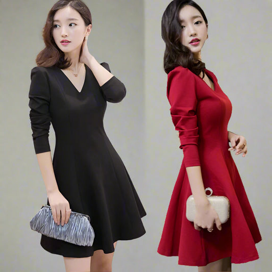 Spring And Autumn New Women&#039;s V-neck Slim Thicken Long Puff Skirt Long Sleeve Large Size Dress Dress